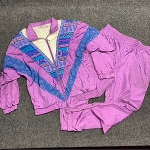 80s Retro vintage bomber windbreaker jacket and pant tracksuit set purple blue